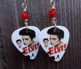 Elvis The King Guitar Pick Earrings with Red Pave Beads