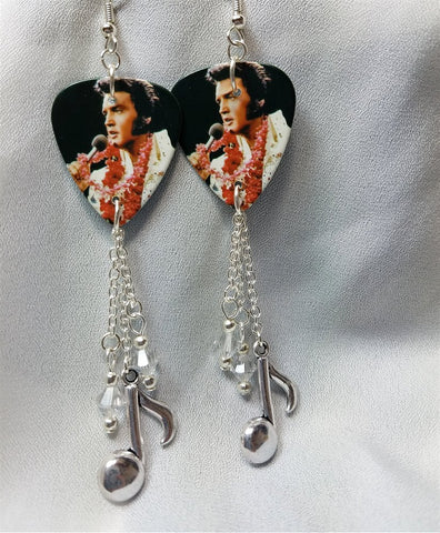Elvis in Hawaii Guitar Pick Earrings with Music Note Silver Charm and Swarovski Crystal Dangles