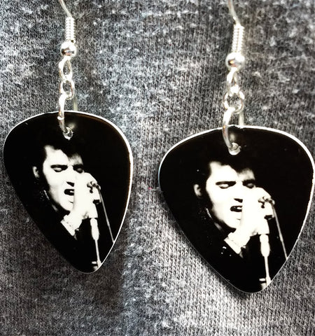 Black and White Elvis Singing Guitar Pick Earrings