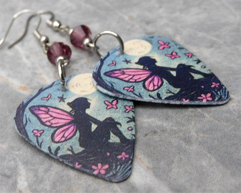 Fairy Under a Full Moon Guitar Pick Earrings with Amethyst Purple Swarovski Crystals