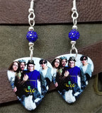 Fall Out Boy Group Picture Guitar Pick Earrings with Blue Pave Beads