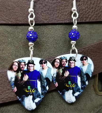 Fall Out Boy Group Picture Guitar Pick Earrings with Blue Pave Beads