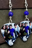 Fall Out Boy Group Picture Guitar Pick Earrings with Blue Pave Beads