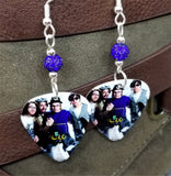 Fall Out Boy Group Picture Guitar Pick Earrings with Blue Pave Beads