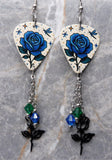 Blue Rose Guitar Pick Earrings with Stainless Steel Rose Charms and Swarovski Crystal Dangles