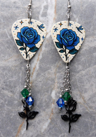 Blue Rose Guitar Pick Earrings with Stainless Steel Rose Charms and Swarovski Crystal Dangles