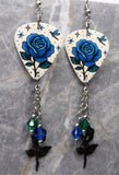 Blue Rose Guitar Pick Earrings with Stainless Steel Rose Charms and Swarovski Crystal Dangles