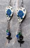 Blue Rose Guitar Pick Earrings with Stainless Steel Rose Charms and Swarovski Crystal Dangles