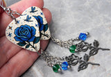 Blue Rose Guitar Pick Earrings with Stainless Steel Rose Charms and Swarovski Crystal Dangles