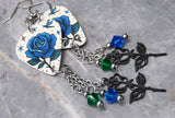 Blue Rose Guitar Pick Earrings with Stainless Steel Rose Charms and Swarovski Crystal Dangles