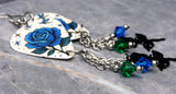 Blue Rose Guitar Pick Earrings with Stainless Steel Rose Charms and Swarovski Crystal Dangles