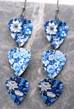 Blue and White Flowers Triple Guitar Pick Chain Earrings