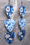 Blue and White Flowers Triple Guitar Pick Chain Earrings