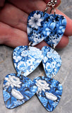 Blue and White Flowers Triple Guitar Pick Chain Earrings