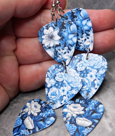 Blue and White Flowers Triple Guitar Pick Chain Earrings