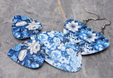 Blue and White Flowers Triple Guitar Pick Chain Earrings