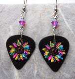 Jewel Toned Sunflower Guitar Pick Earrings with Fuchsia ABx2 Swarovski Crystals