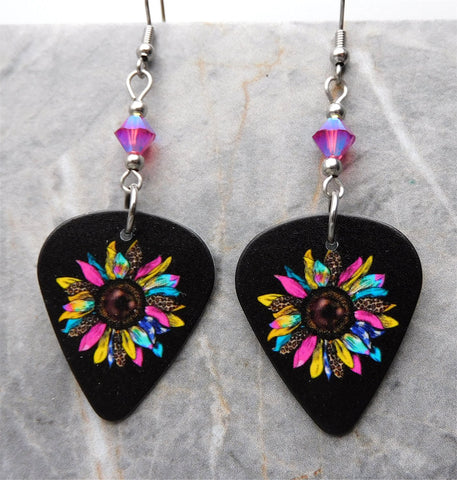 Jewel Toned Sunflower Guitar Pick Earrings with Fuchsia ABx2 Swarovski Crystals