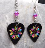 Jewel Toned Sunflower Guitar Pick Earrings with Fuchsia ABx2 Swarovski Crystals