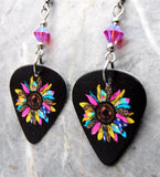 Jewel Toned Sunflower Guitar Pick Earrings with Fuchsia ABx2 Swarovski Crystals