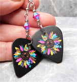 Jewel Toned Sunflower Guitar Pick Earrings with Fuchsia ABx2 Swarovski Crystals