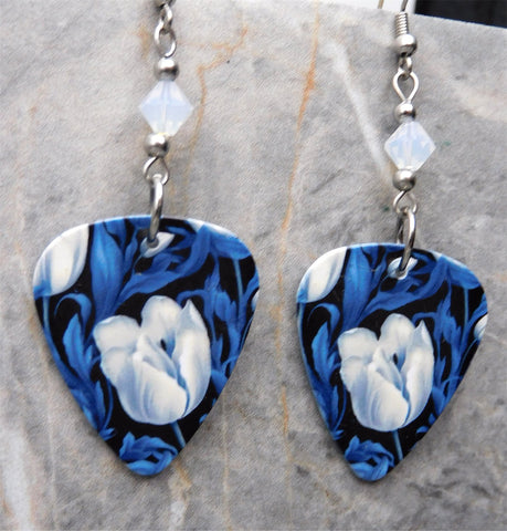 Blue and White Tulip Guitar Pick Earrings with Opal Swarovski Crystals