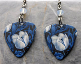 Blue and White Tulip Guitar Pick Earrings with Opal Swarovski Crystals