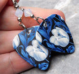 Blue and White Tulip Guitar Pick Earrings with Opal Swarovski Crystals