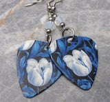 Blue and White Tulip Guitar Pick Earrings with Opal Swarovski Crystals