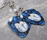 Blue and White Tulip Guitar Pick Earrings with Opal Swarovski Crystals