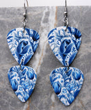 Blue and White Flowers Double Guitar Pick Chain Earrings
