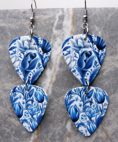 Blue and White Flowers Double Guitar Pick Chain Earrings