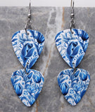 Blue and White Flowers Double Guitar Pick Chain Earrings