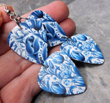Blue and White Flowers Double Guitar Pick Chain Earrings
