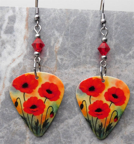 Poppy Guitar Pick Earrings with Red Swarovski Crystal Dangles