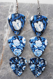 Blue and White Flowers Triple Guitar Pick Chain Earrings