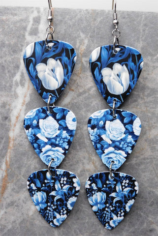 Blue and White Flowers Triple Guitar Pick Chain Earrings