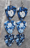 Blue and White Flowers Triple Guitar Pick Chain Earrings