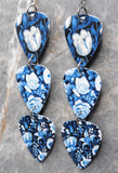 Blue and White Flowers Triple Guitar Pick Chain Earrings