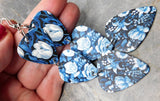 Blue and White Flowers Triple Guitar Pick Chain Earrings