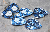 Blue and White Flowers Triple Guitar Pick Chain Earrings