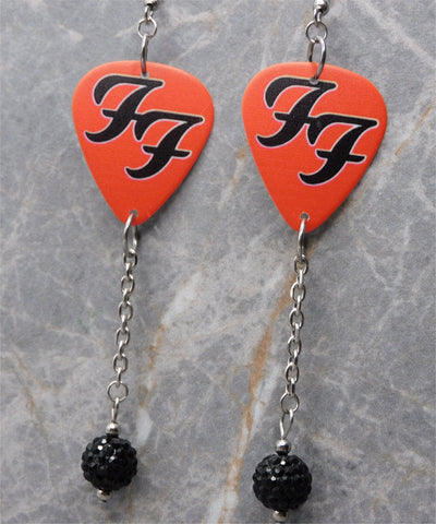 Foo Fighters "FF" Red Guitar Pick Earrings with Black Pave Bead Dangles