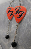 Foo Fighters "FF" Red Guitar Pick Earrings with Black Pave Bead Dangles