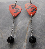 Foo Fighters "FF" Red Guitar Pick Earrings with Black Pave Bead Dangles