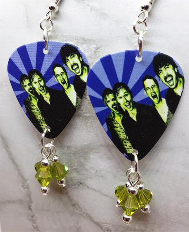 Foo Fighters Guitar Pick Earrings with Green Swarovski Crystal Dangles