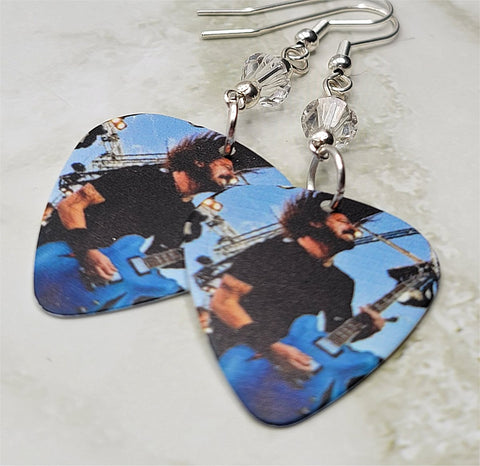 Foo Fighters Dave Grohl on Stage Guitar Pick Earrings with Clear Swarovski Crystals