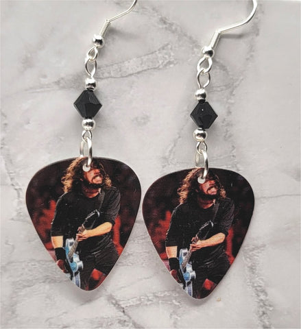 Foo Fighters Dave Grohl on Stage Guitar Pick Earrings with Black Swarovski Crystals