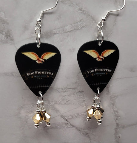 Foo Fighters In Your Honor Guitar Pick Earrings with Metallic Gold Swarovski Crystal Dangles