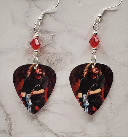 Foo Fighters Dave Grohl on Stage Guitar Pick Earrings with Red Swarovski Crystals
