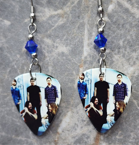 Foo Fighters Group Picture Guitar Pick Earrings with Blue Swarovski Crystals